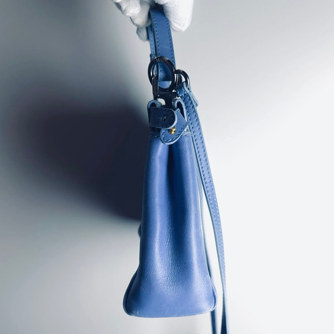 Fendi Peekaboo Mini Blue GHW FF Zucca Monogram Logo Nappa Leather 2-Way Shoulder Sling Turnlock Top Handle Bag