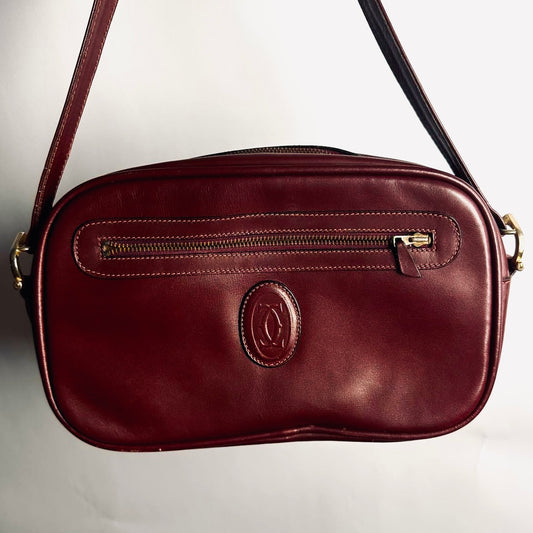 Cartier Must / Mast de Cartier Burgundy Red Maroon GHW Smooth Leather East West Zip Shoulder Sling Bag