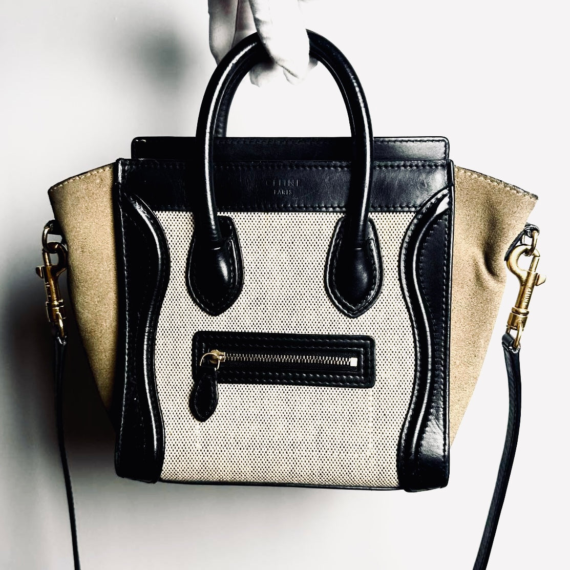 Celine Nano Luggage Beige / Black / Taupe GHW Monogram Logo Leather / Toile / Suede Tricolour Top Handle Shoulder Sling Bag