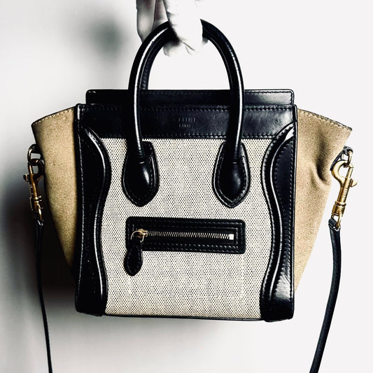 Celine Nano Luggage Beige / Black / Taupe GHW Monogram Logo Leather / Toile / Suede Tricolour Top Handle Shoulder Sling Bag