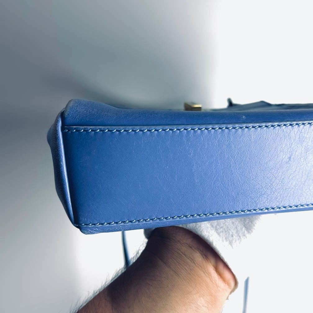 Fendi Peekaboo Mini Blue GHW FF Zucca Monogram Logo Nappa Leather 2-Way Shoulder Sling Turnlock Top Handle Bag