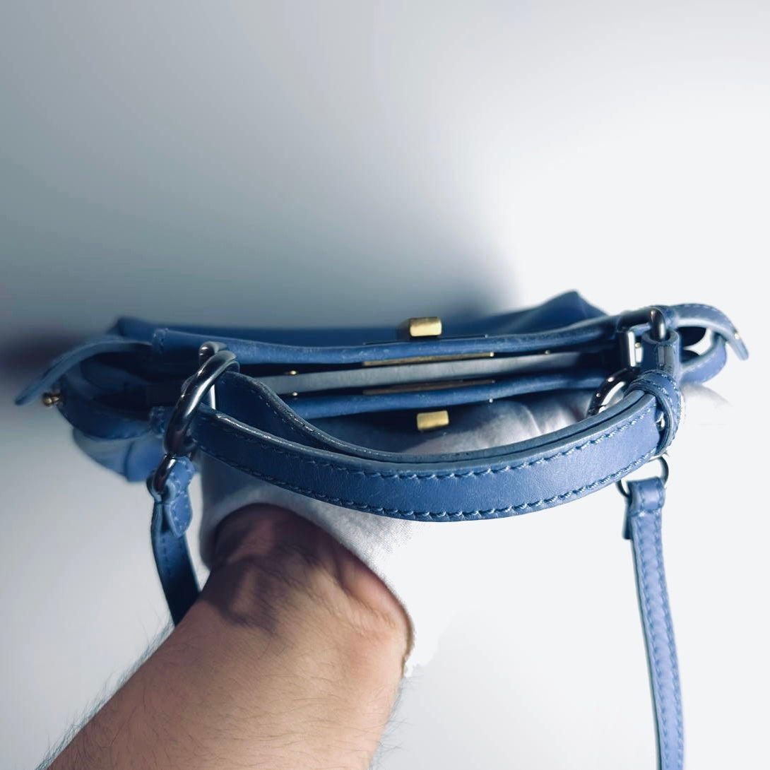 Fendi Peekaboo Mini Blue GHW FF Zucca Monogram Logo Nappa Leather 2-Way Shoulder Sling Turnlock Top Handle Bag