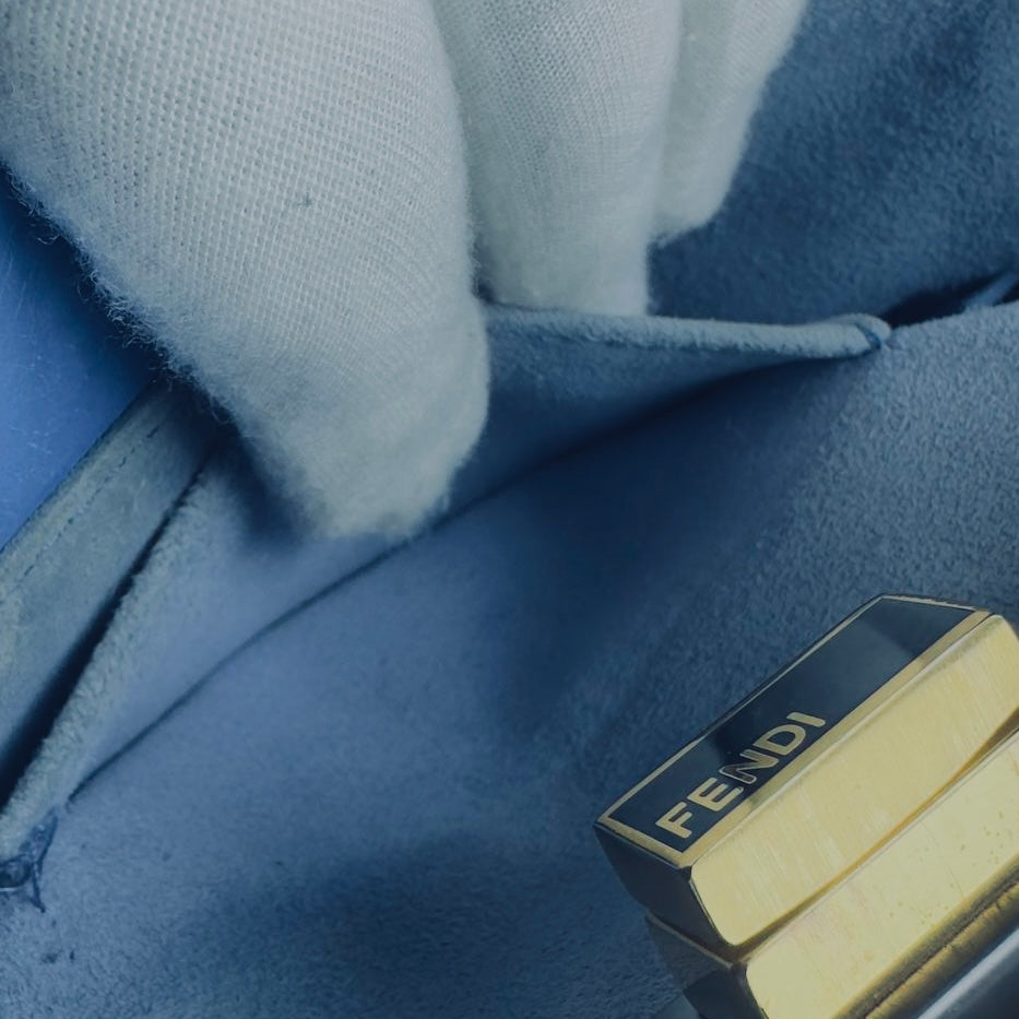 Fendi Peekaboo Mini Blue GHW FF Zucca Monogram Logo Nappa Leather 2-Way Shoulder Sling Turnlock Top Handle Bag