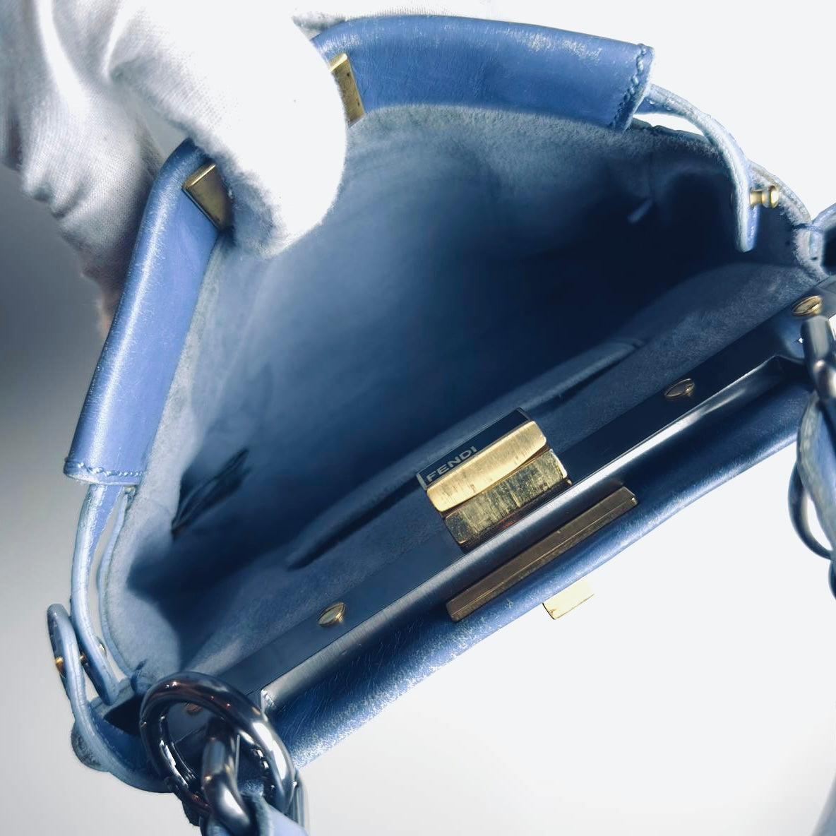 Fendi Peekaboo Mini Blue GHW FF Zucca Monogram Logo Nappa Leather 2-Way Shoulder Sling Turnlock Top Handle Bag