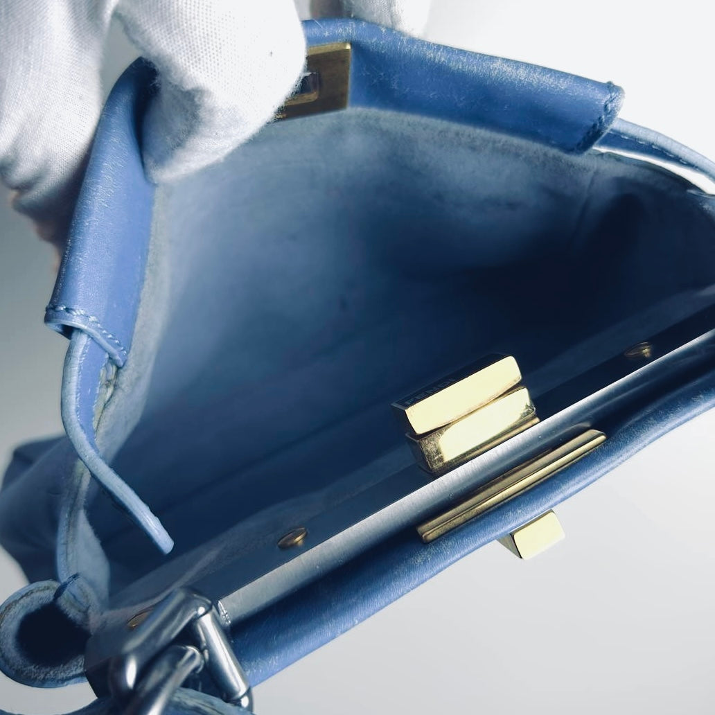 Fendi Peekaboo Mini Blue GHW FF Zucca Monogram Logo Nappa Leather 2-Way Shoulder Sling Turnlock Top Handle Bag