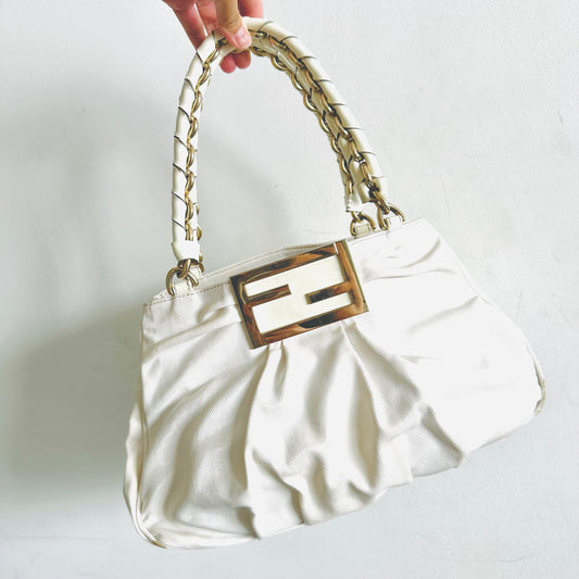 Fendi White GHW Mia Zucca Giant FF Monogram Logo Hobo Baguette Shoulder Shopper Tote Bag