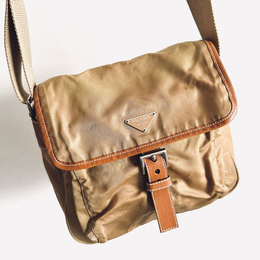 Prada Tan Khaki Tessuto Classic Logo Nylon & Leather Flap Shoulder Sling Bag