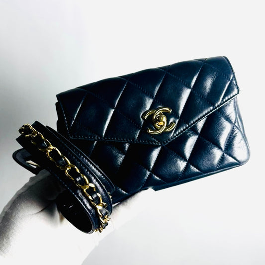 Chanel Navy Blue GHW Giant CC Logo Quilted Lambskin Turnlock 2-Way Vintage Belt Waist Shoulder Sling Bag Clutch Pouch