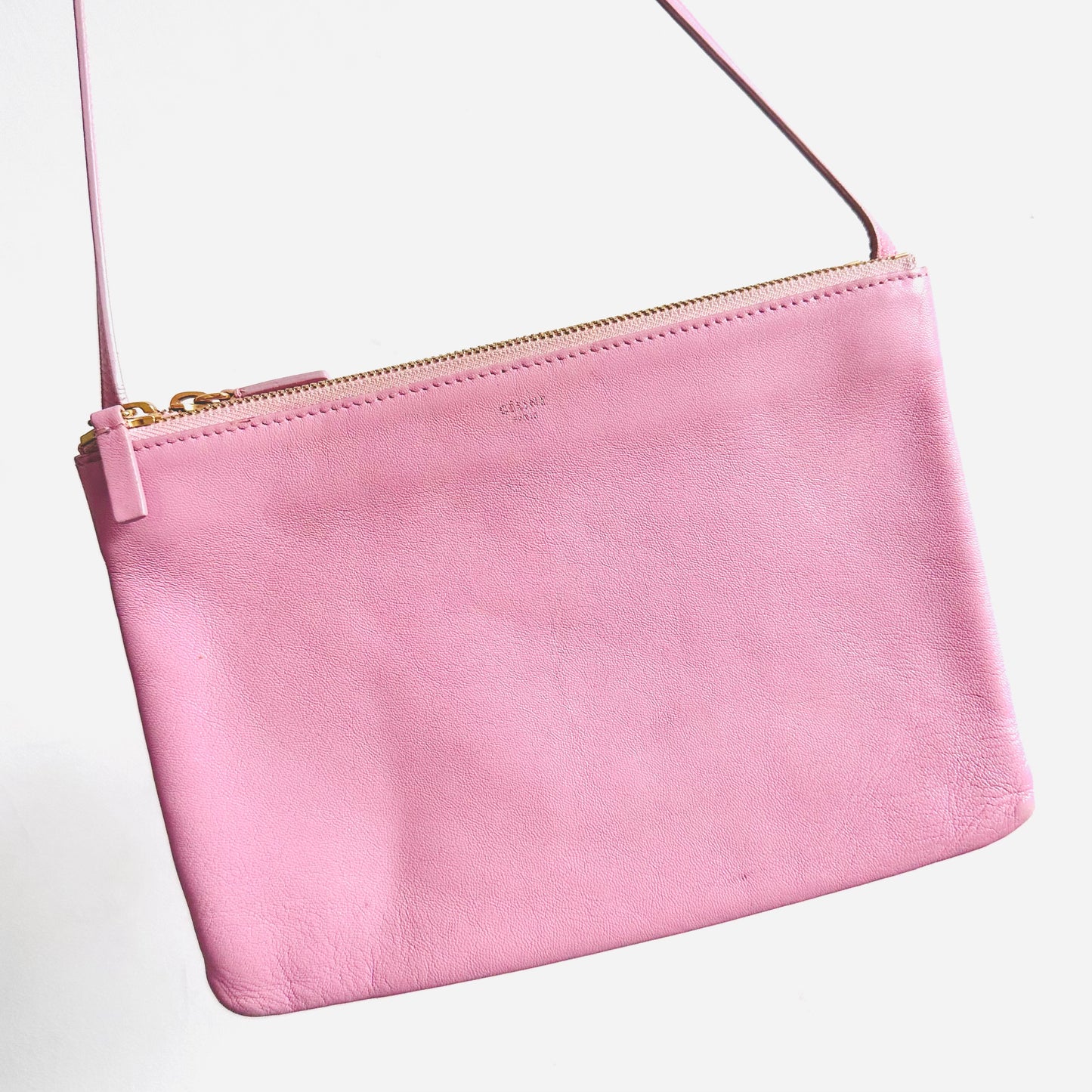 Celine Bubblegum Baby Pink GHW Large Trio Logo Shoulder Sling Bag / Pouch Case Clutch