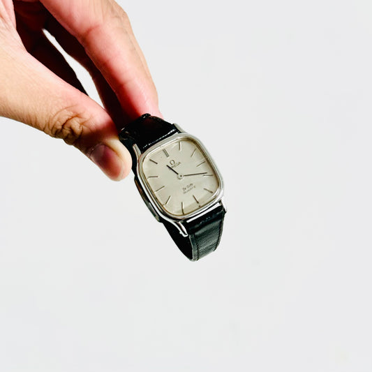 Omega De Ville White Square Dial Black Leather Strap Vintage 22MM Quartz Watch