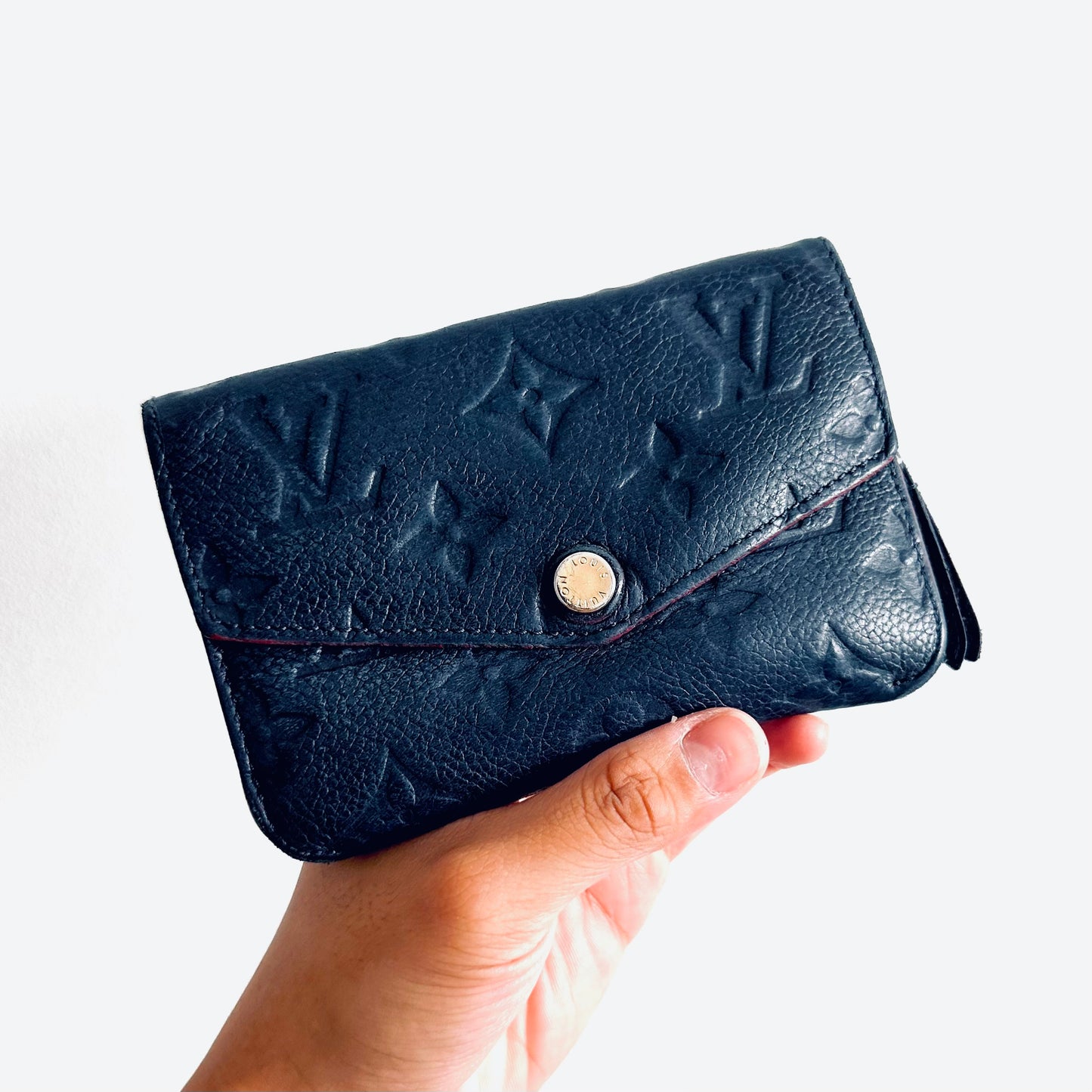 Louis Vuitton LV Navy Blue GHW Empreinte Leather Monogram Logo Pochette Compact Wallet Key Cles Pouch Clutch Case