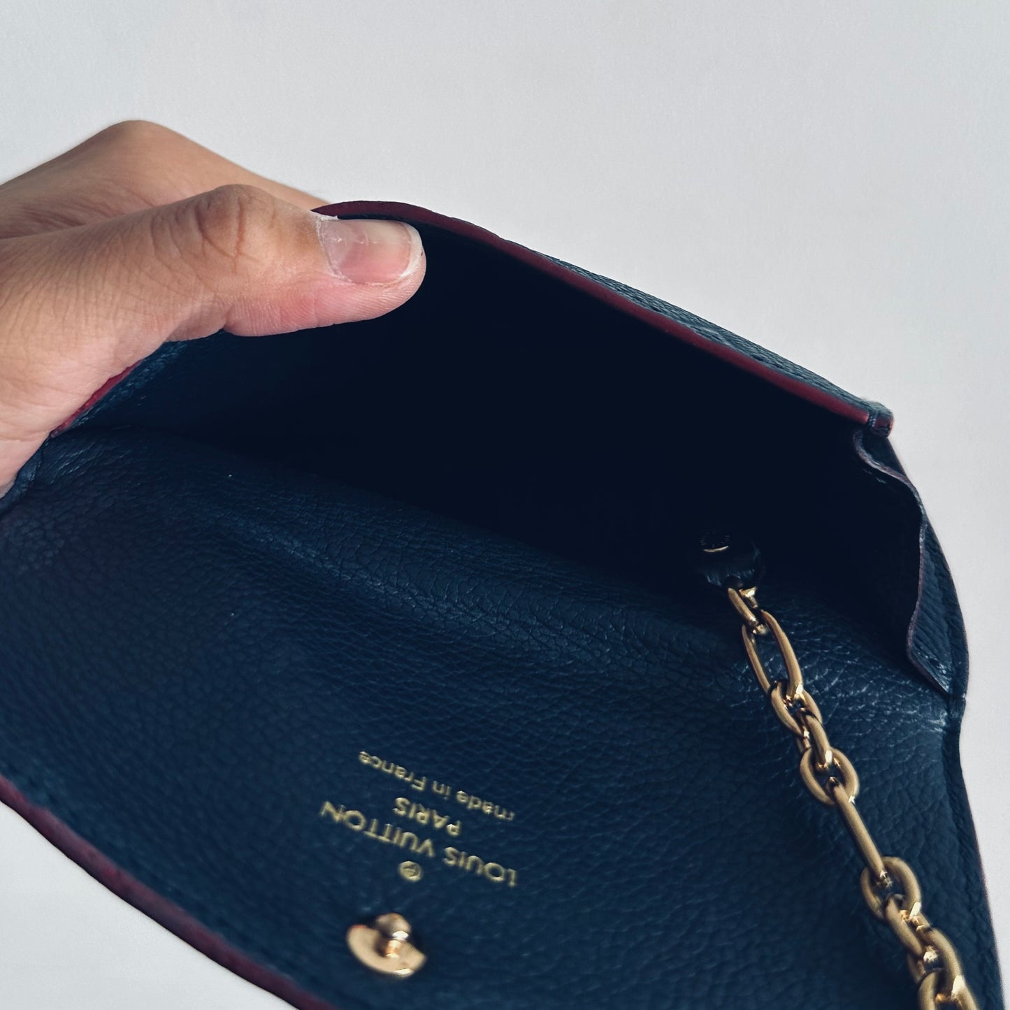 Louis Vuitton LV Navy Blue GHW Empreinte Leather Monogram Logo Pochette Compact Wallet Key Cles Pouch Clutch Case