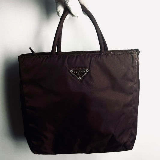 Prada Dark Burgundy Brown Tessuto City Monogram Logo Nylon Structured Shopper Tote Bag