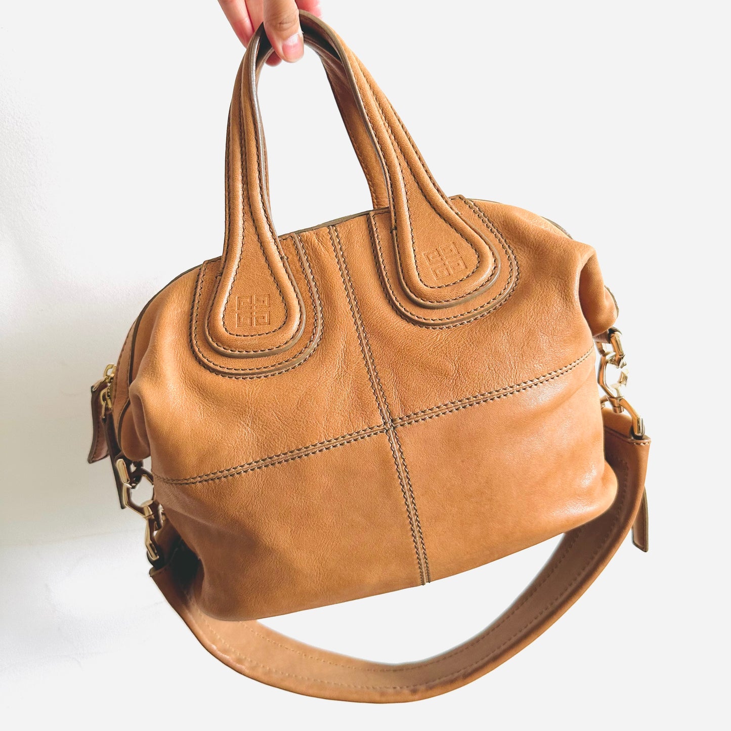 Givenchy Caramel Brown GHW Small Nightingale Monogram Logo 2-Way Shoulder Sling Top Handle Lambskin Tote Bag