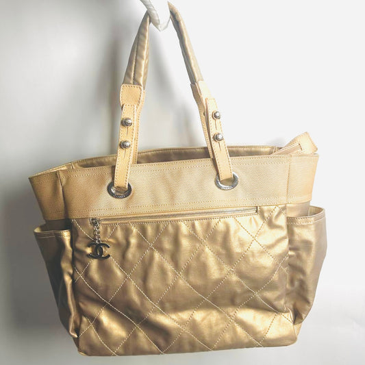 Chanel Beige Taupe Metallic Paris Biarritz CC Monogram Logo Quilted Fabric & Leather Shopper Shoulder Tote Bag With Pockets 11s