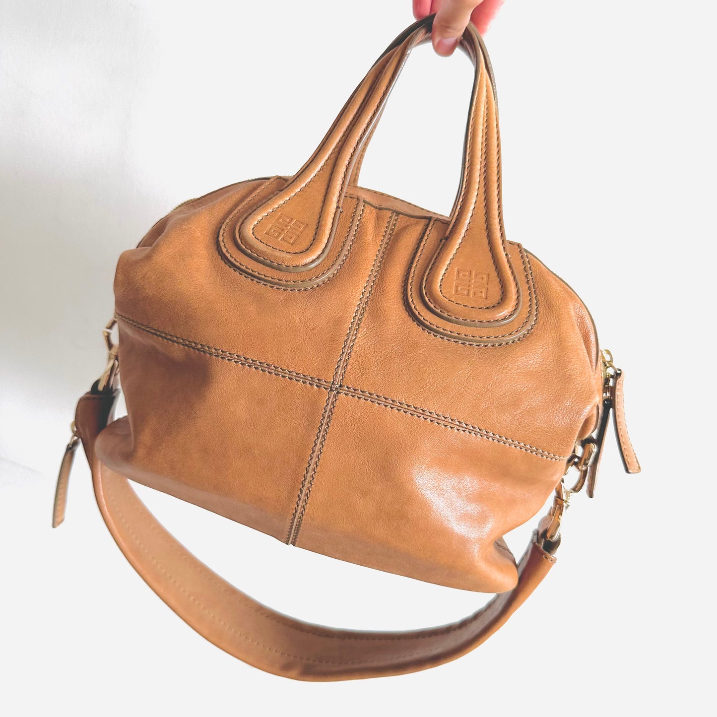 Givenchy Caramel Brown GHW Small Nightingale Monogram Logo 2-Way Shoulder Sling Top Handle Lambskin Tote Bag