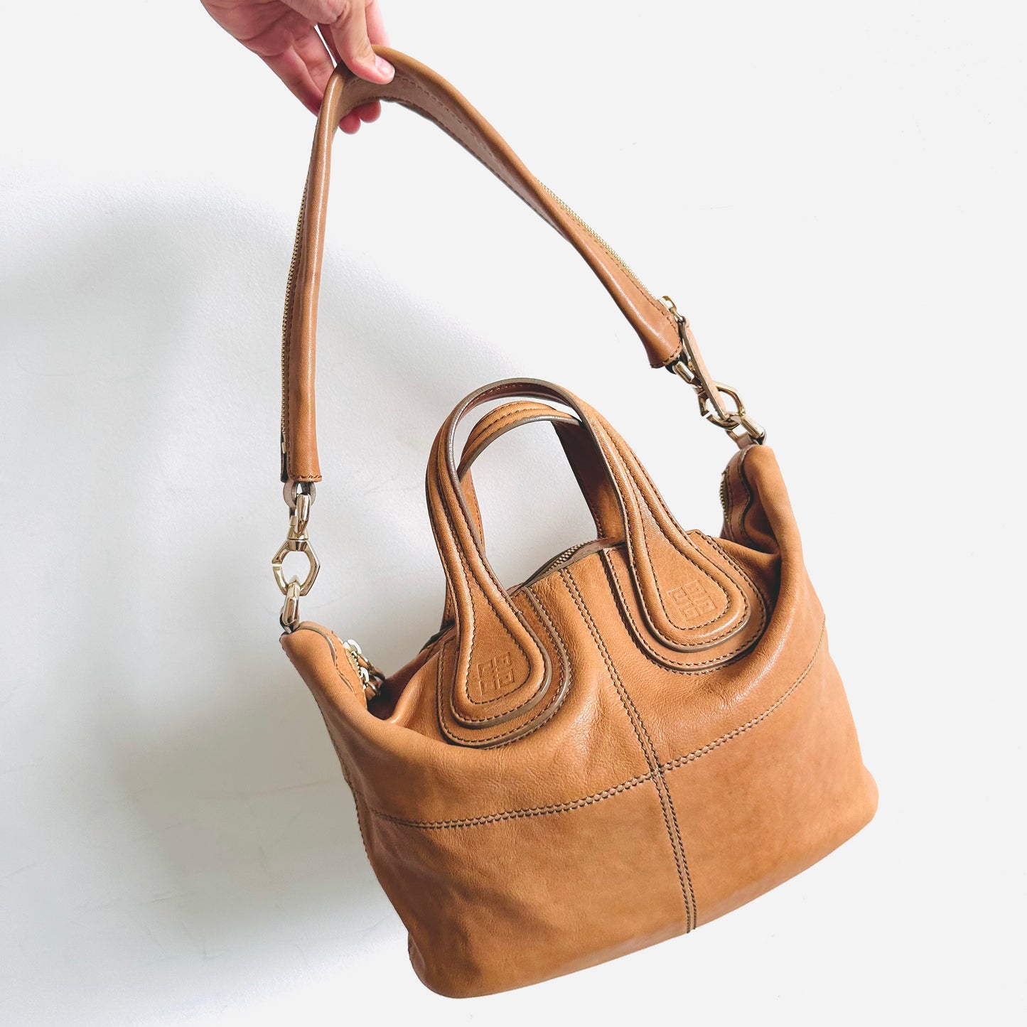 Givenchy Caramel Brown GHW Small Nightingale Monogram Logo 2-Way Shoulder Sling Top Handle Lambskin Tote Bag