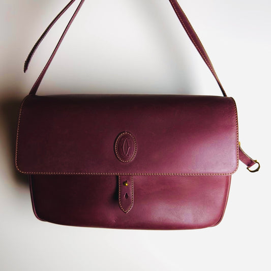 Cartier Must / Mast de Cartier Burgundy Red Maroon GHW Smooth Leather Shoulder Sling Flap Bag