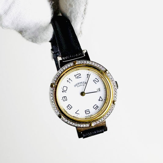 Hermes Arceau Clipper 30MM Gold & Stainless Steel Crystals Black Leather Strap Quartz Watch