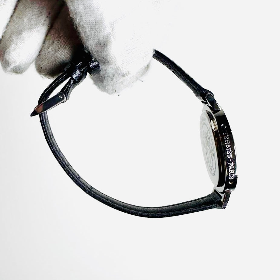 Hermes Arceau Clipper 30MM Gold & Stainless Steel Crystals Black Leather Strap Quartz Watch