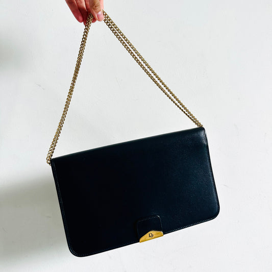 Christian Dior CD Navy Blue GHW Monogram Logo Grained Leather 2-Way Flap Vintage Shoulder Sling Bag