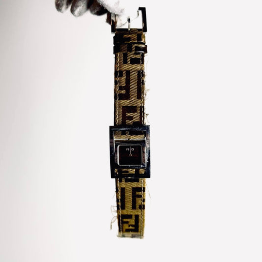 Fendi FF Brown Zucca Monogram Logo Black Dial Rectangular Stainless Steel 26MM Quartz Watch