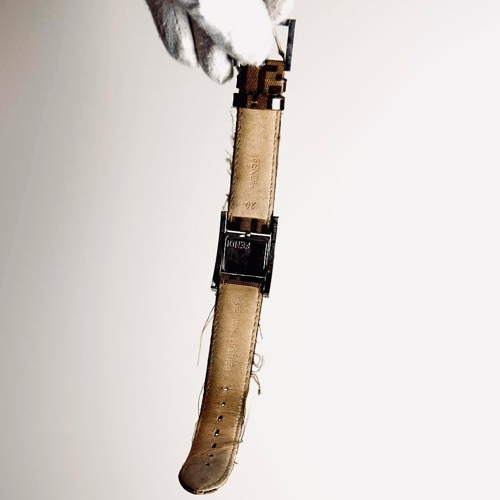 Fendi FF Brown Zucca Monogram Logo Black Dial Rectangular Stainless Steel 26MM Quartz Watch