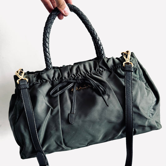 Prada Dark Green Ardesia GHW Ruched Tessuto Bow Classic Logo Nylon & Leather 2-Way Shoulder Sling Shopper Tote Bag