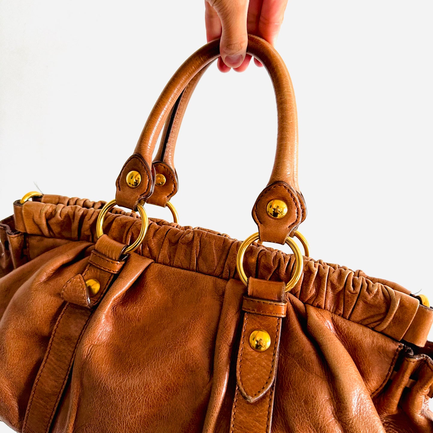 Miu Miu Caramel Brown GHW Vitello Lux Classic Logo Shopper Shoulder Tote Bag