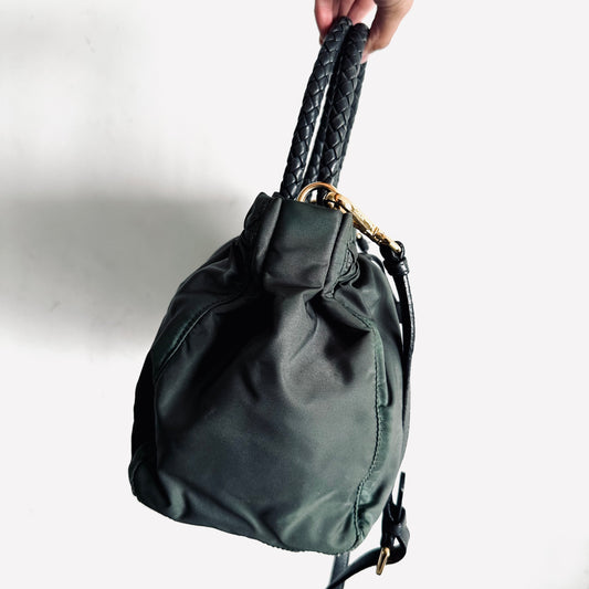 Prada Dark Green Ardesia GHW Ruched Tessuto Bow Classic Logo Nylon & Leather 2-Way Shoulder Sling Shopper Tote Bag