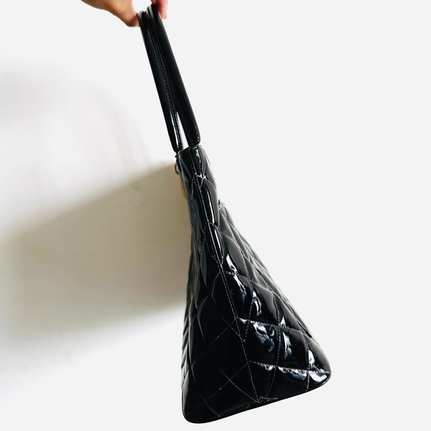 Chanel Black GHW Medallion Giant CC Monogram Logo Quilted Patent Shoulder Shopper Tote Bag 7s