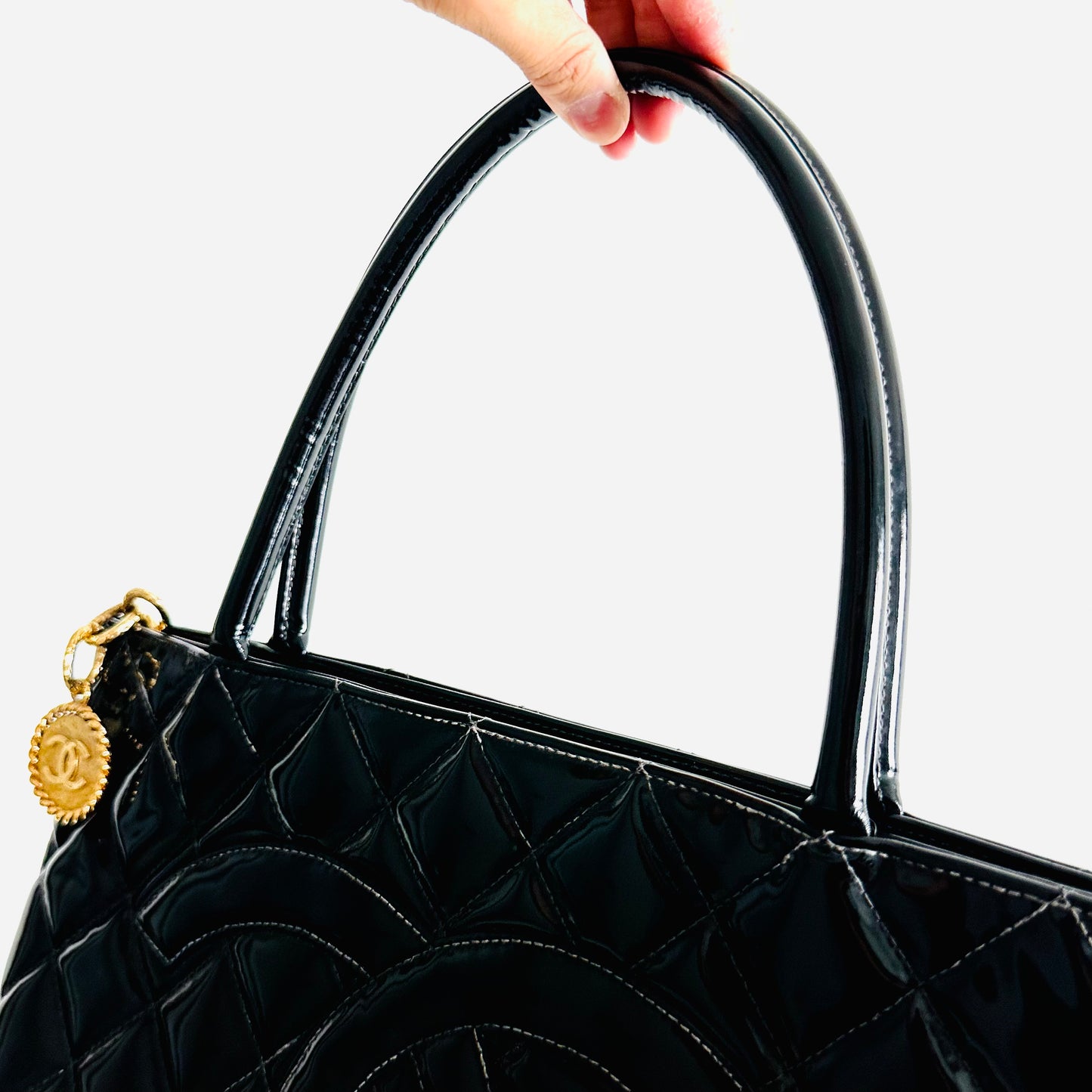 Chanel Black GHW Medallion Giant CC Monogram Logo Quilted Patent Shoulder Shopper Tote Bag 7s