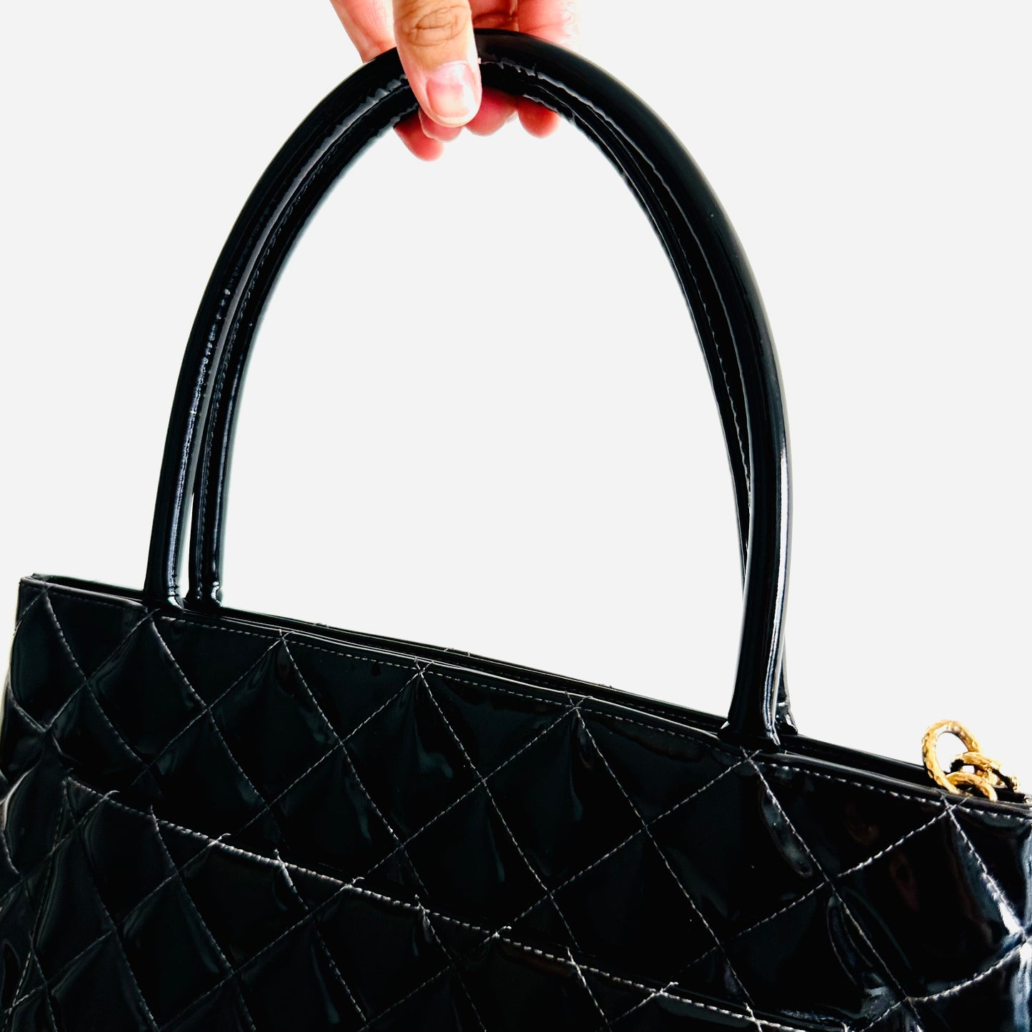 Chanel Black GHW Medallion Giant CC Monogram Logo Quilted Patent Shoulder Shopper Tote Bag 7s