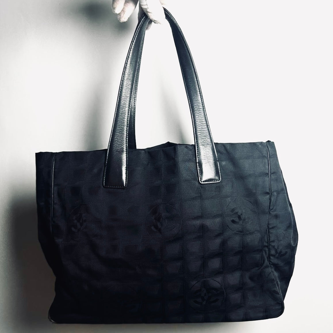 Chanel Black GHW Travel Line Quilted Jacquard Monogram Logo Shoulder Shopper Tote Bag 8s