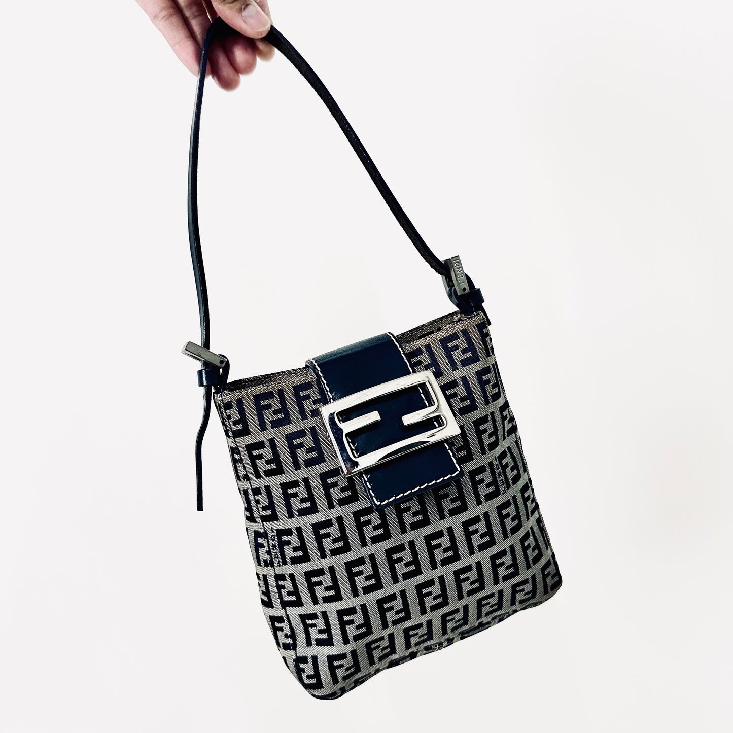 Fendi Navy Blue FF Mamma Zucca Monogram Logo Small Pochette Baguette Hobo Flap Shoulder Bag