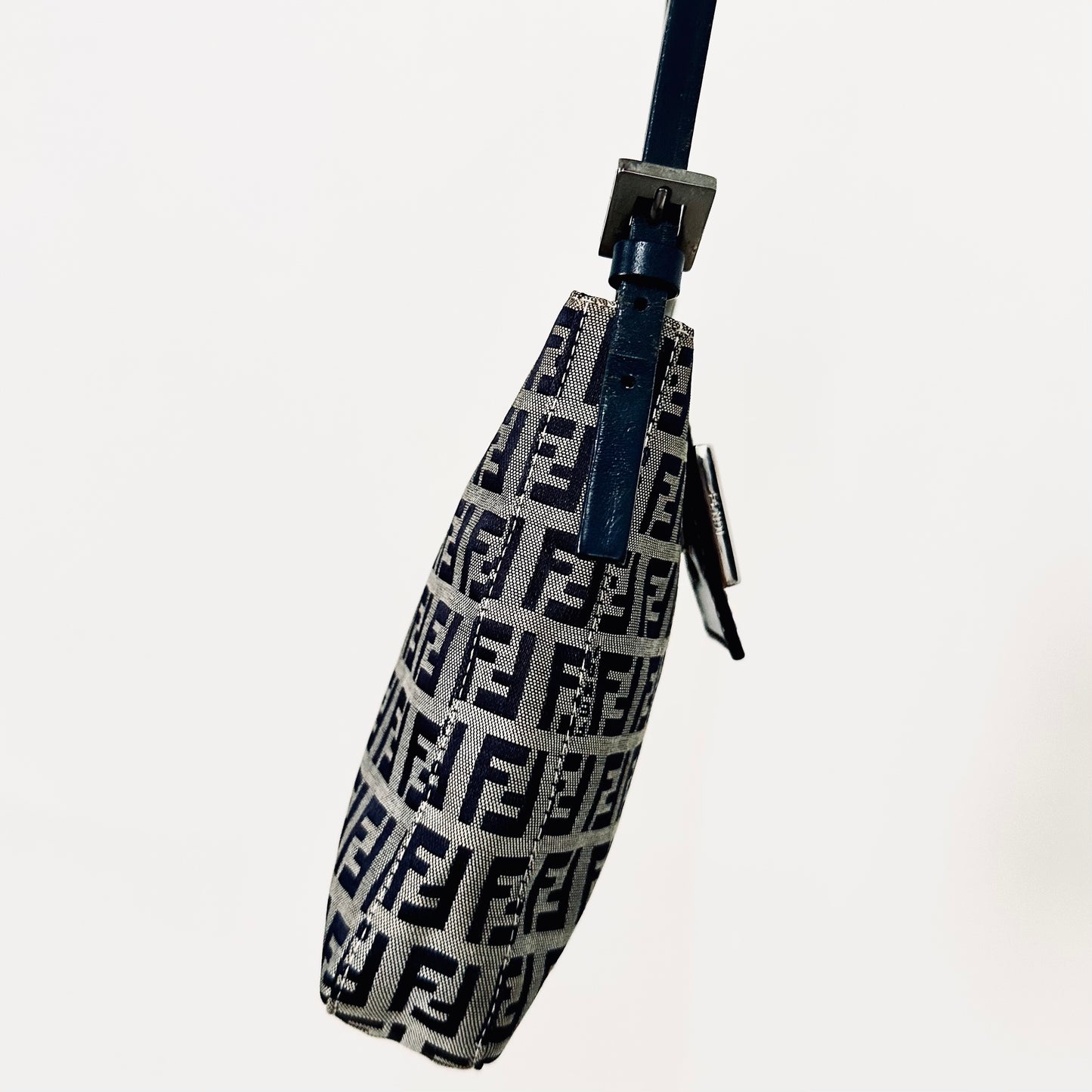 Fendi Navy Blue FF Mamma Zucca Monogram Logo Small Pochette Baguette Hobo Flap Shoulder Bag