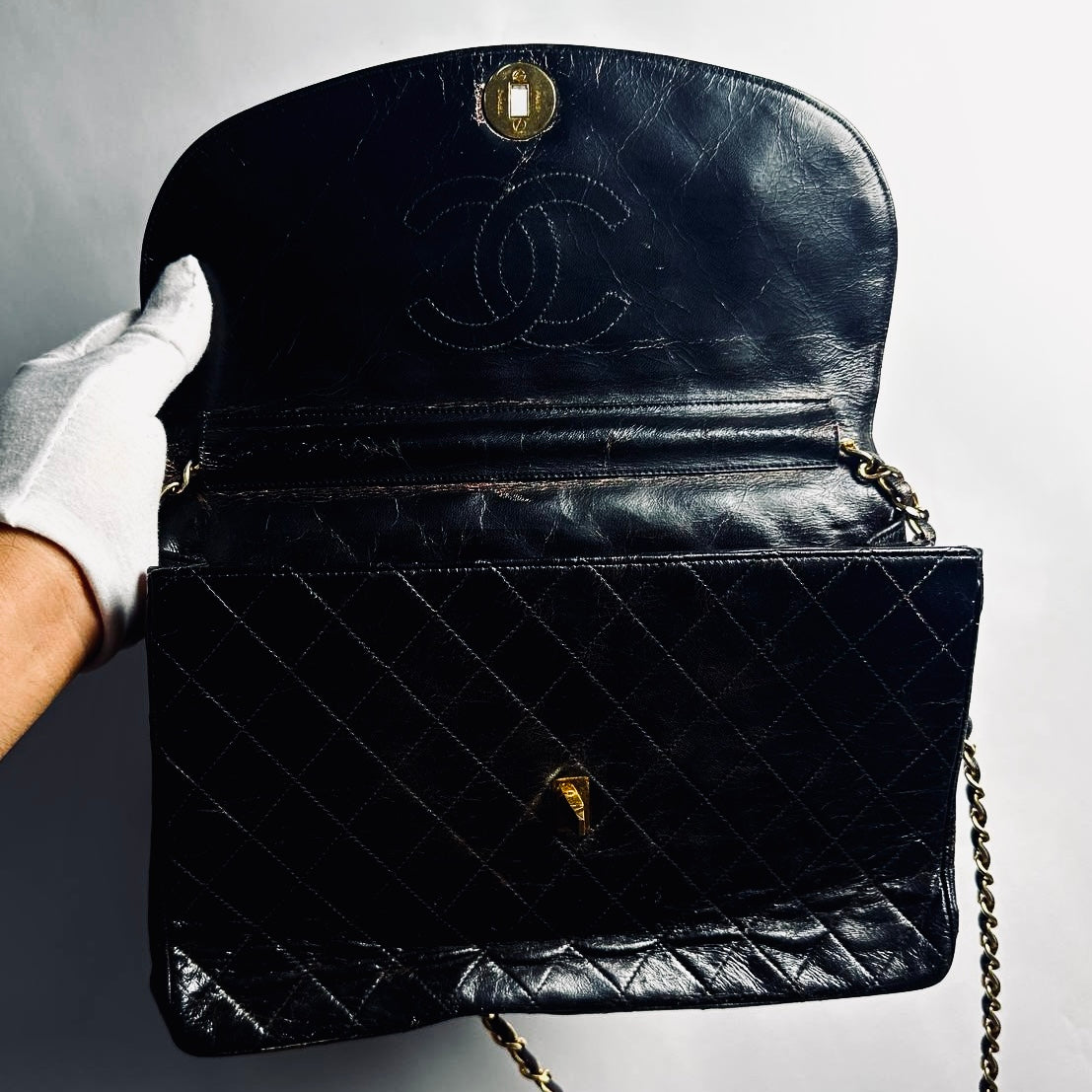 Chanel CC Black GHW Logo Classic Flap Quilted Lambskin Turnlock Vintage Shoulder Sling Bag 0s