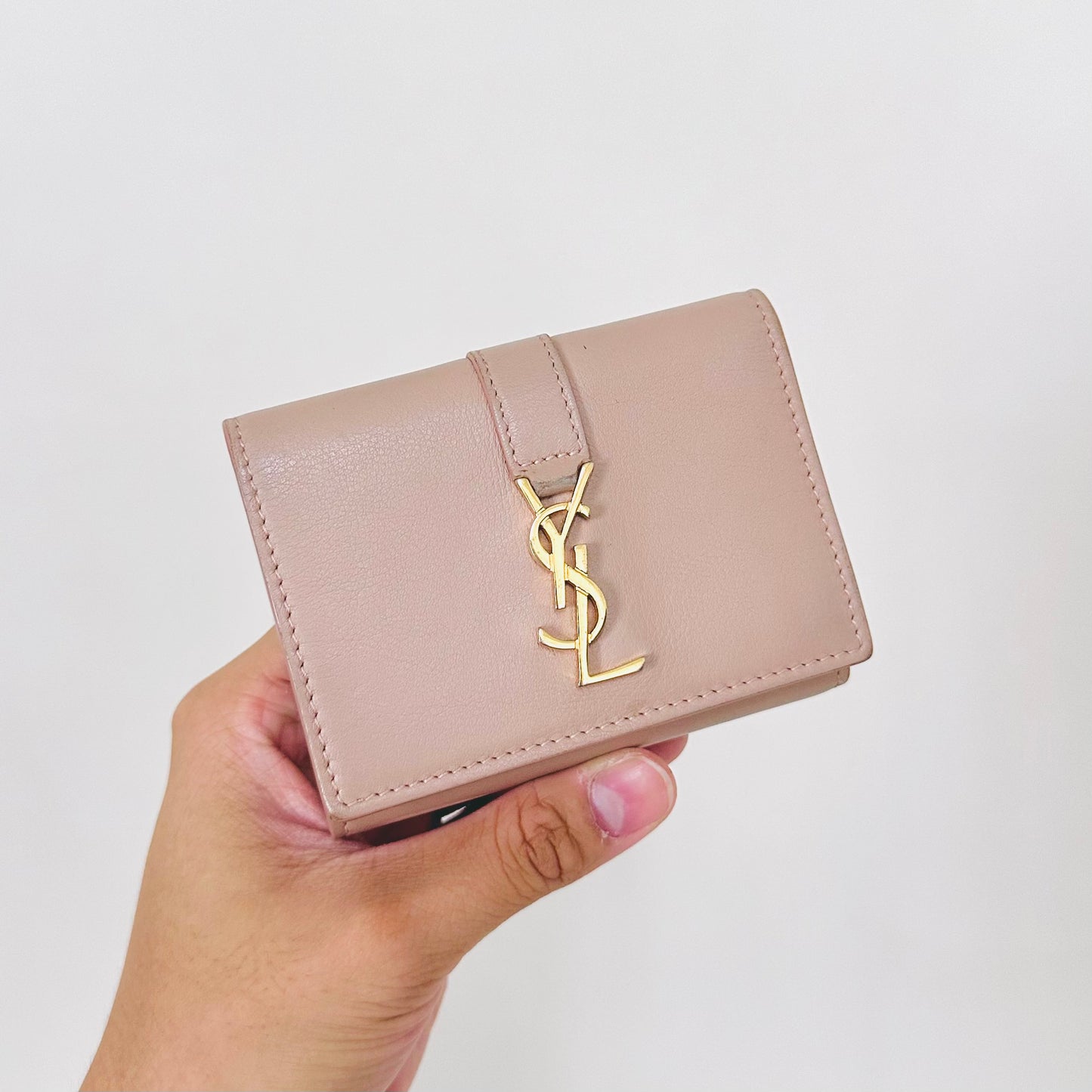 Yves Saint Laurent YSL Pale Pink GHW Monogram Logo Compact Flap Tiny Origami Trifold Wallet