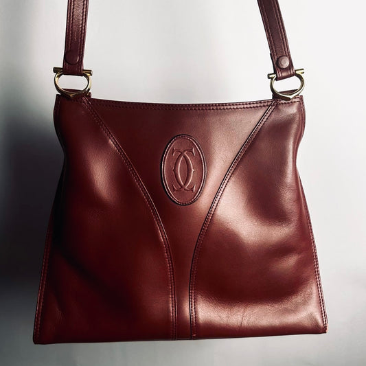 Cartier Must / Mast de Cartier Burgundy Maroon Red GHW Monogram Logo Smooth Leather Shoulder Shopper Tote Bag