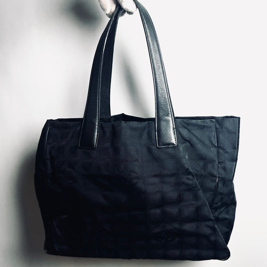Chanel Black GHW Travel Line Quilted Jacquard Monogram Logo Shoulder Shopper Tote Bag 8s