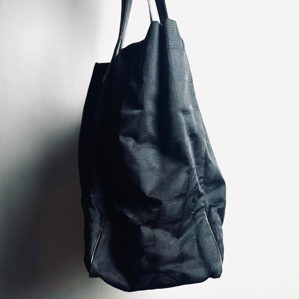 Chanel Black GHW Travel Line Quilted Jacquard Monogram Logo Shoulder Shopper Tote Bag 8s