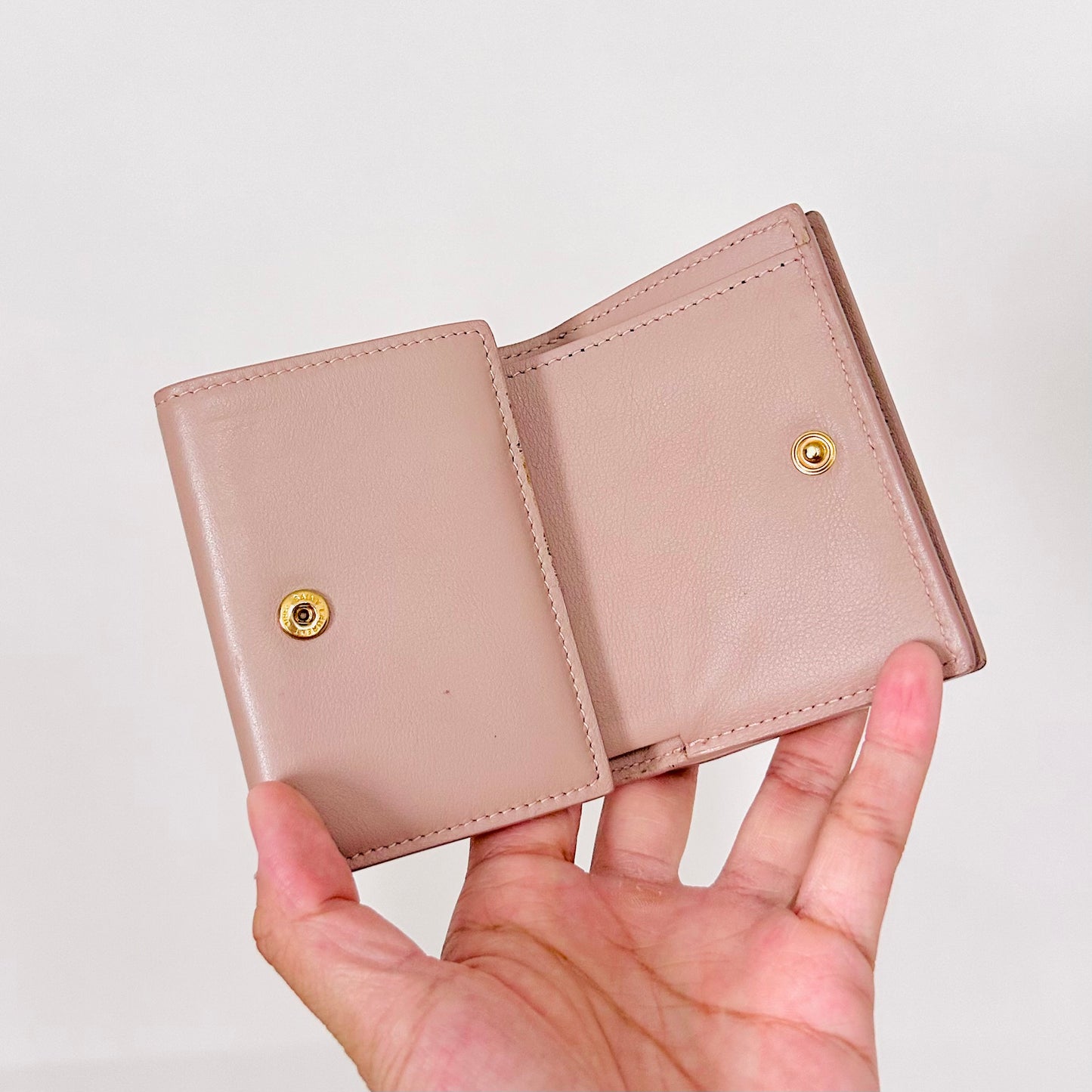 Yves Saint Laurent YSL Pale Pink GHW Monogram Logo Compact Flap Tiny Origami Trifold Wallet