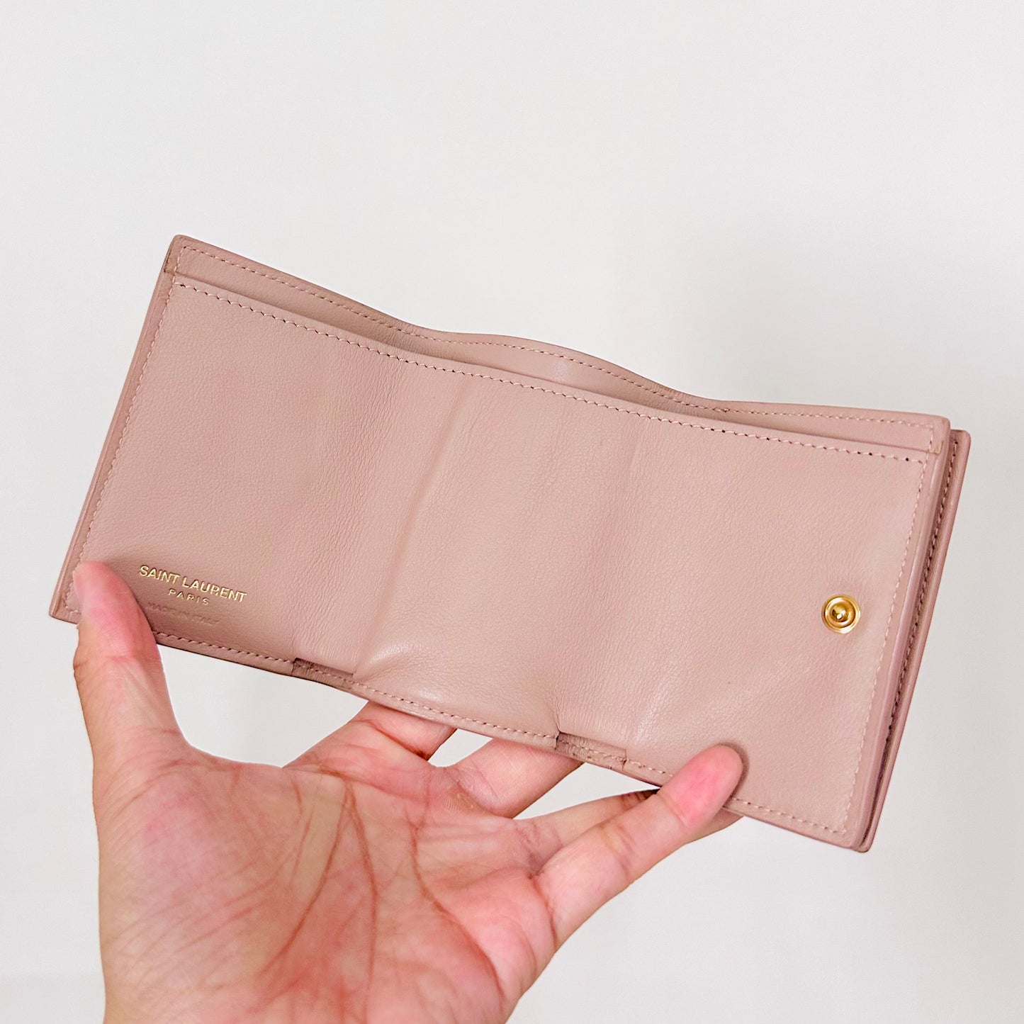 Yves Saint Laurent YSL Pale Pink GHW Monogram Logo Compact Flap Tiny Origami Trifold Wallet