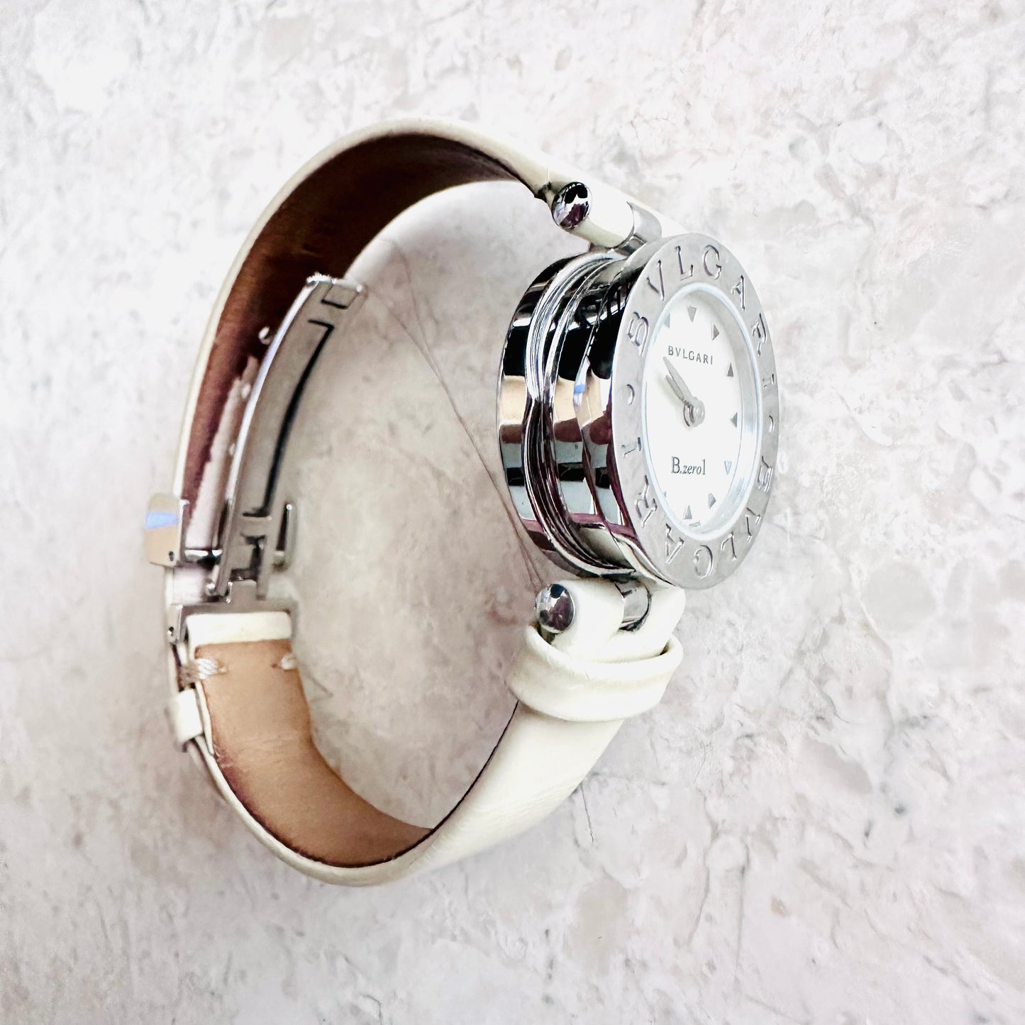 Bvlgari Bulgari Bzero B Zero 1 White MOP Round Dial Stainless Steel 22MM Quartz Leather Strap Watch