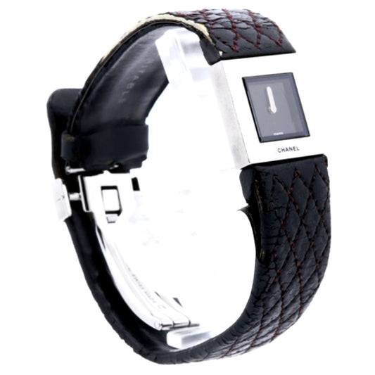 Chanel CC Monogram Logo Square Dial Stainless Steel Matelasse Black Leather Strap Quartz 22MM Watch