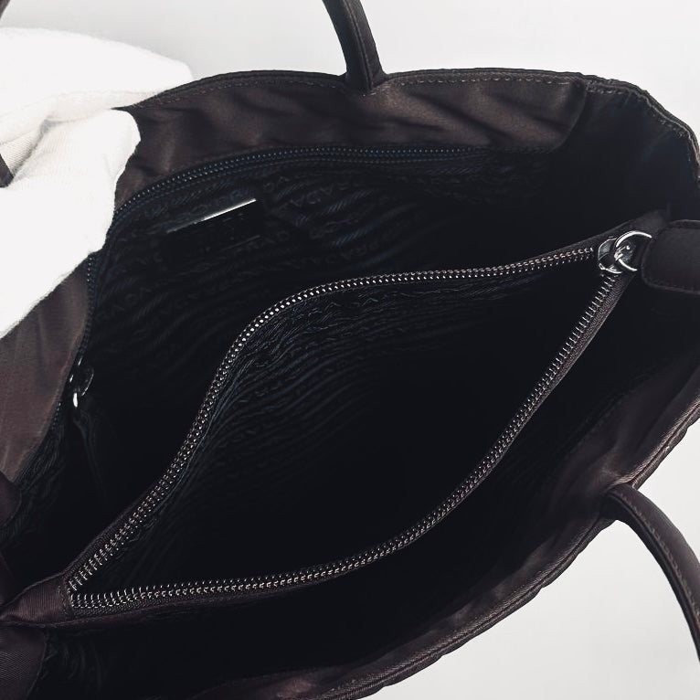Prada Dark Burgundy Brown Tessuto City Monogram Logo Nylon Structured Shopper Tote Bag