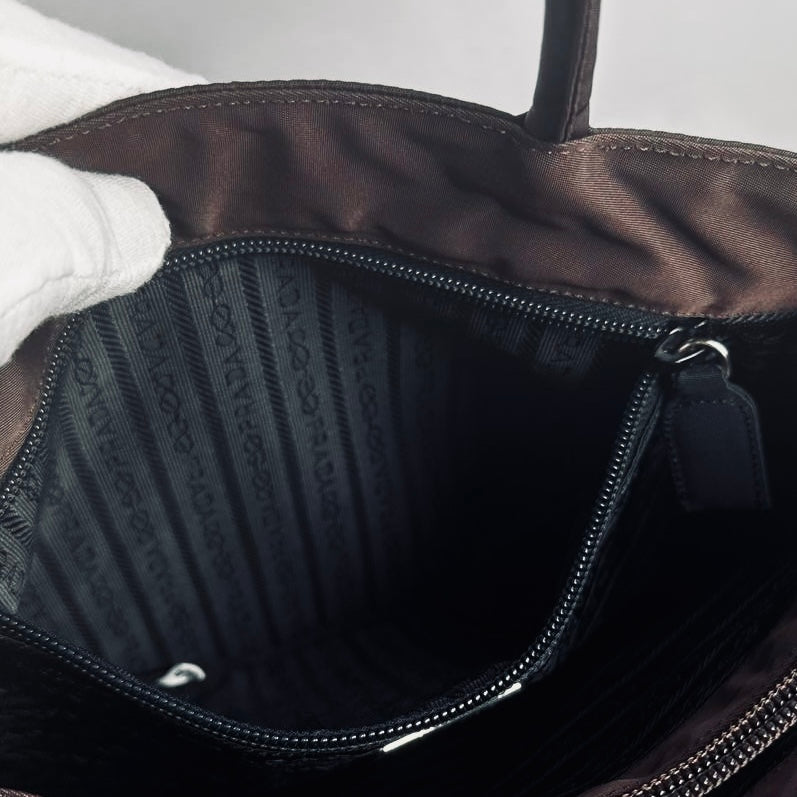 Prada Dark Burgundy Brown Tessuto City Monogram Logo Nylon Structured Shopper Tote Bag