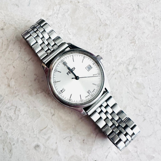 Fendi FF Monogram Logo White Dial Round Stainless Steel 33mm Quartz Watch