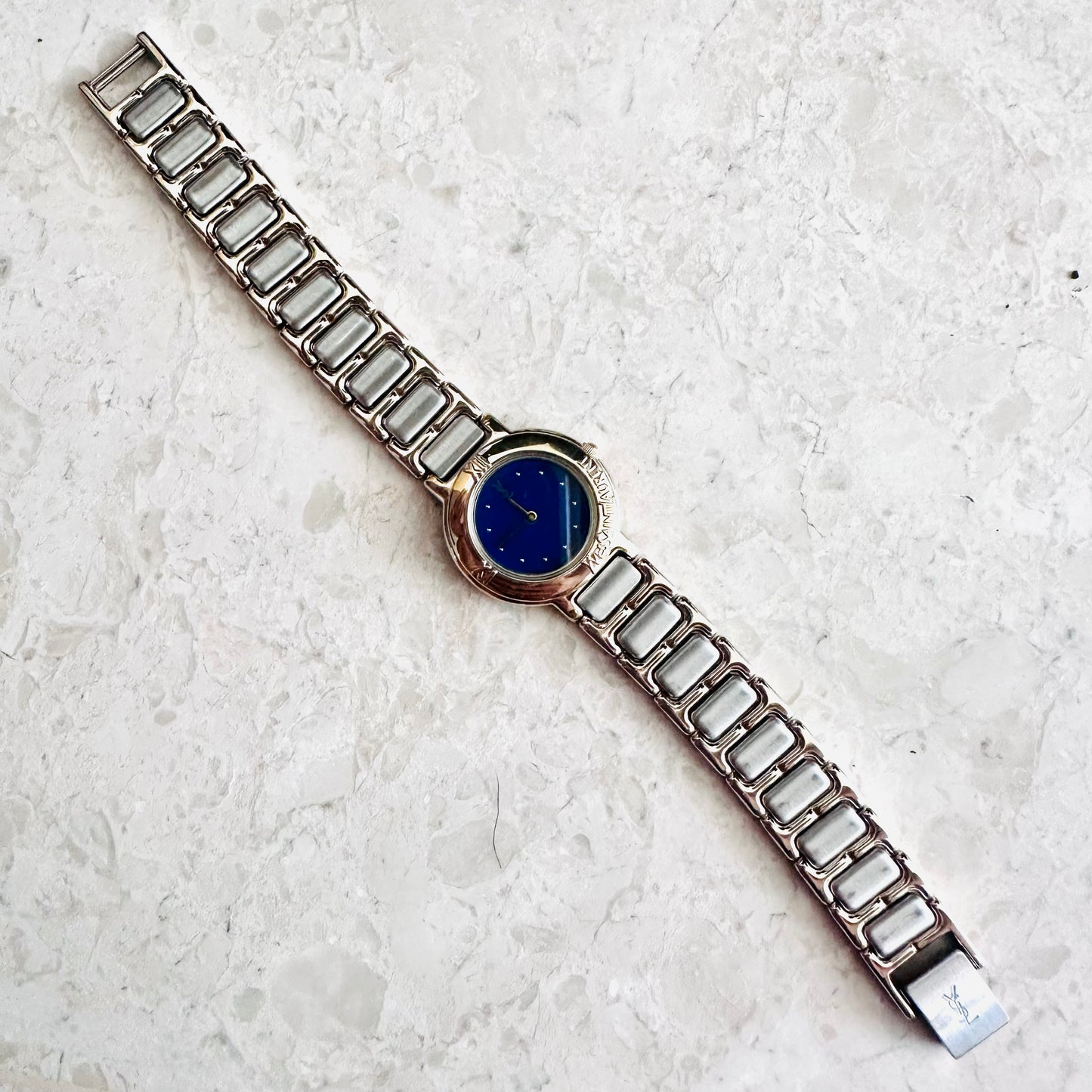 YSL Yves Saint Laurent Round Dial Gold & Stainless Steel Monogram Logo 22MM Quartz Watch