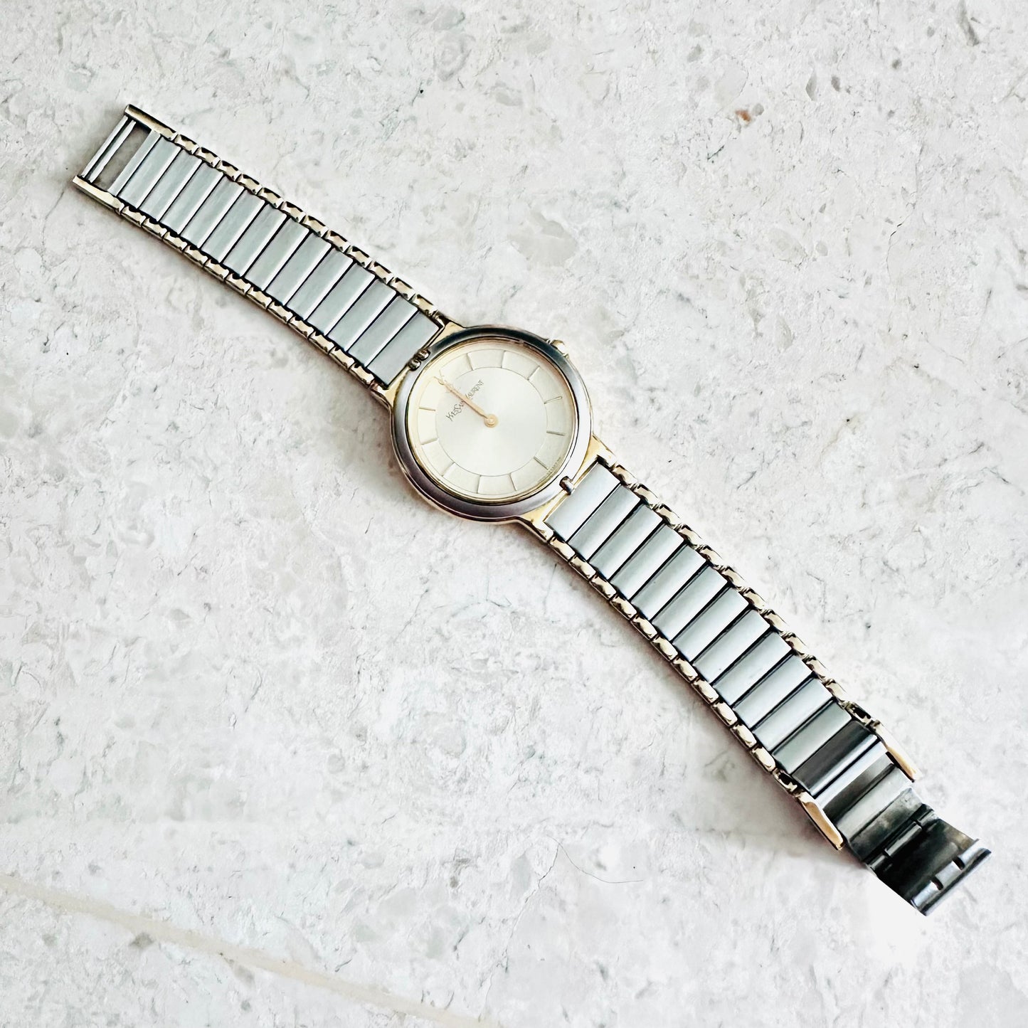 YSL Yves Saint Laurent Gold & Stainless Steel Round Monogram Logo Two Tone 30MM Quartz Watch